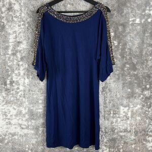 Joyous & Free Womens Size S Beaded Sequins Cold Shoulder Tunic Top Navy Stretch